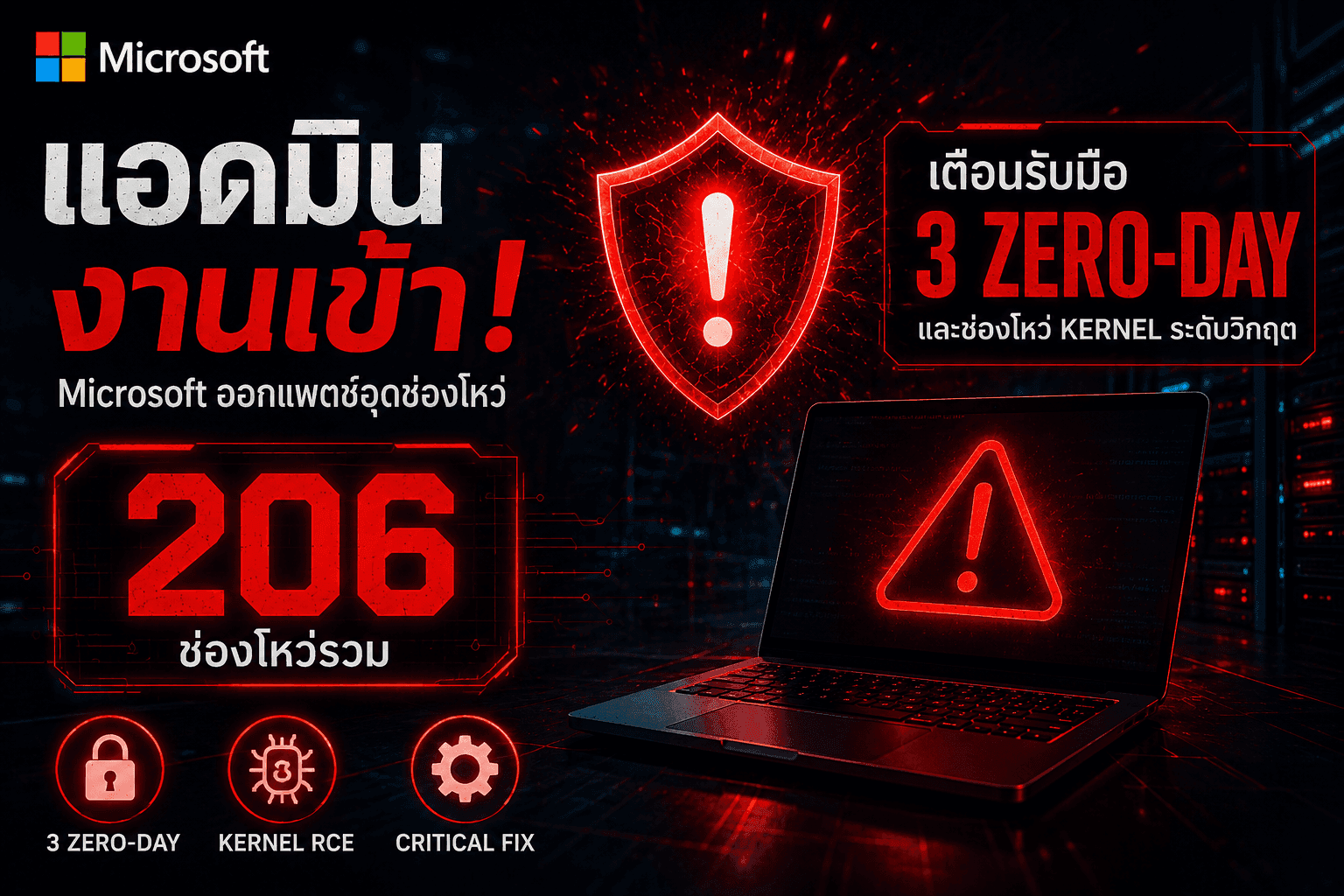แอดมินงานเข้า! Microsoft ออกแพตช์อุดช่องโหว่ทุบสถิติ 206 รายการ เตือนรับมือ 3 Zero-day และช่องโหว่ Kernel ระดับวิกฤต